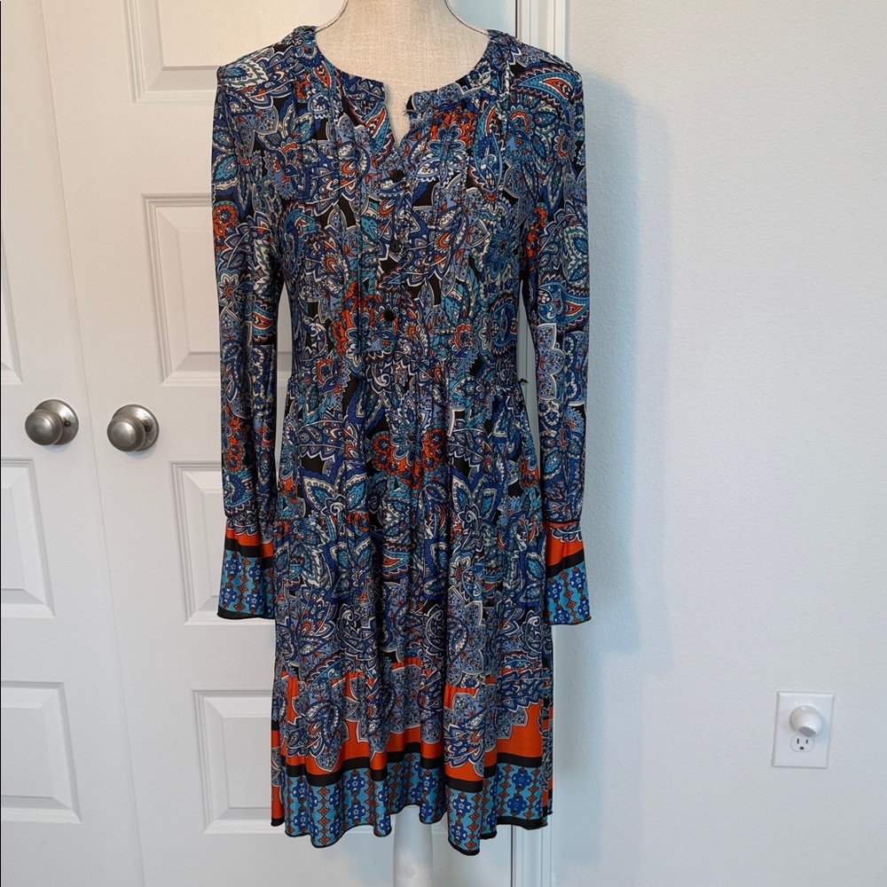 Reborn Blue and Orange Paisley Long Sleeve Dress